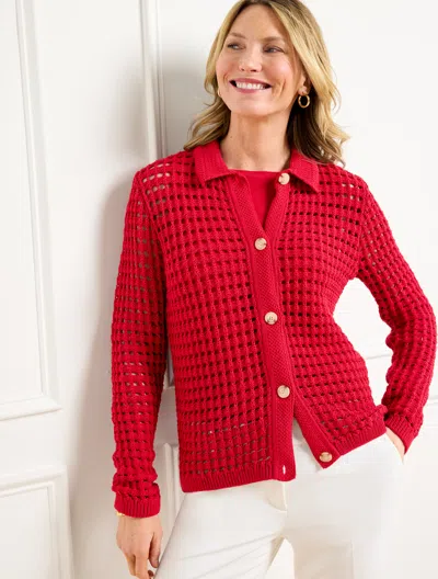 Talbots Plus Petite - Open Stitch Polo Cardigan Sweater - Red - 3x