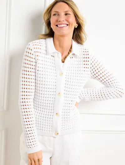 Talbots Plus Petite - Open Stitch Polo Cardigan Sweater - White - 3x