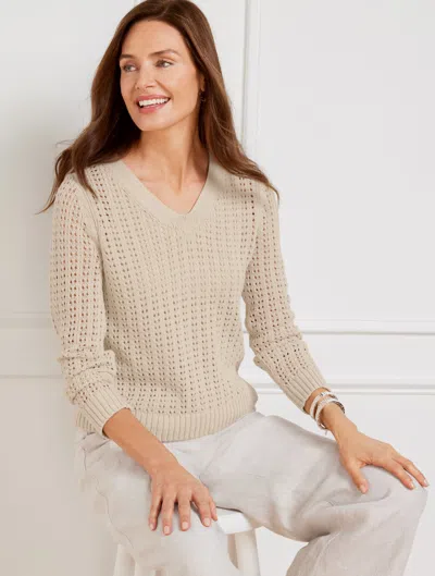 Talbots Plus Petite - Open Stitch V-neck Pullover Sweater - Cool Beige - 2x - 100% Cotton