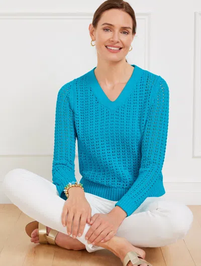 Talbots Plus Petite - Open Stitch V-neck Pullover Sweater - Deep Sea Blue - X - 100% Cotton
