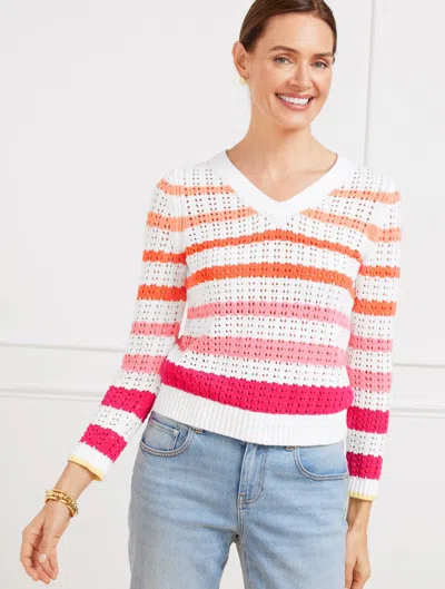 Talbots Plus Petite - Open Stitch V-neck Pullover Sweater - Multi Stripe - Raspberry/white - 1x - 100% Cotto In Raspberry,white