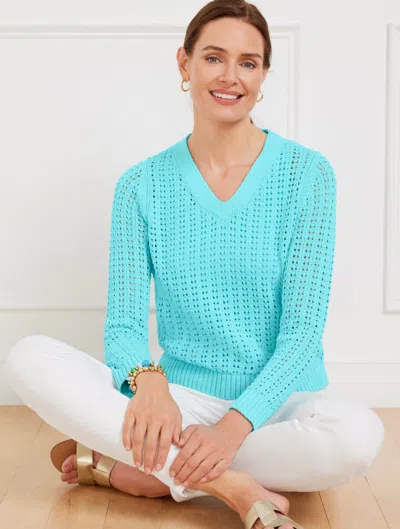 Talbots Plus Petite - Open Stitch V-neck Pullover Sweater - Vivid Turquoise - 1x - 100% Cotton