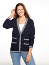Talbots Plus Petite - Plaited Trim V-neck Cardigan Sweater - Indigo Blue/ivory - 1x - 100% Cotton