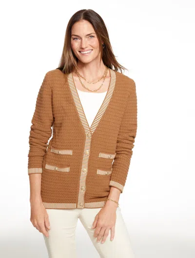 Talbots Plus Petite - Plaited Trim V-neck Cardigan Sweater - Sierra Brown/ivory - 2x - 100% Cotton