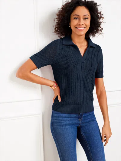 Talbots Plus Petite - Pointelle Stitch Polo Sweater - Blue - 3x