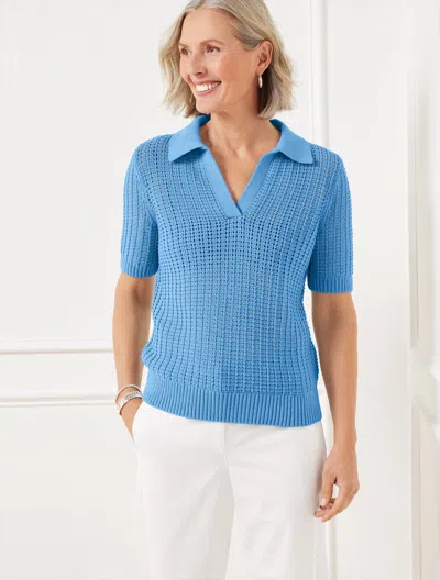 Talbots Plus Petite - Pointelle Stitch Polo Sweater - Lakeside Blue - 3x