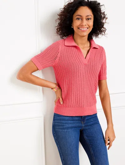 Talbots Plus Petite - Pointelle Stitch Polo Sweater - Pink Rosette - 3x