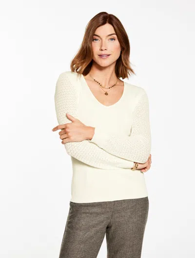 Talbots Plus Petite - Pointelle Stitch V-neck Sweater - Ivory - 3x  In White