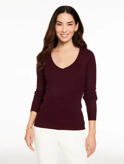 Talbots Plus Petite - Pointelle Stitch V-neck Sweater - Rich Burgundy - 3x