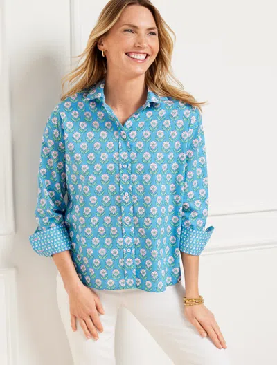Talbots Plus Petite - Poplin Short Shirt - Woodblock Bud - Lakeside Blue/soft Pink - X  In Lakeside Blue,soft Pink