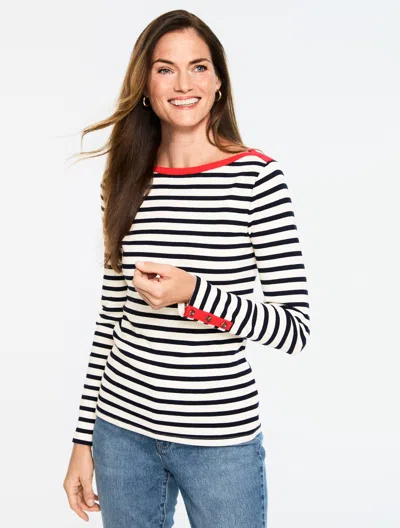 Talbots Plus Petite - Ribbed Bateau Neck T-shirt - Aurora Stripe - Ivory/indigo - 1x  In Multi