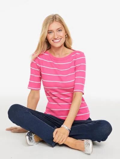 Talbots Plus Petite - Ribbed Bateau Neck T-shirt - Lagoon Stripe - Bright Pink/white - 2x