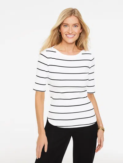 Talbots Plus Petite - Ribbed Bateau Neck T-shirt - Lagoon Stripe - White/black - 1x  In Multi