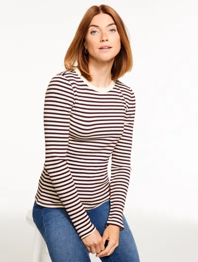 Talbots Plus Petite - Ribbed Crewneck T-shirt - Jasmine Stripe - Ivory/burgundy - 3x