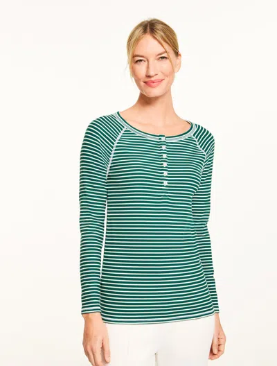 Talbots Plus Petite - Ribbed Henley T-shirt - Wimbledon Stripe - Pine Grove/ivory - X  In Green