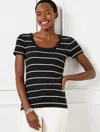 Talbots Plus Petite - Ribbed Scoop Neck T-shirt - Lagoon Stripe - Black/white - 1x  In Black,white