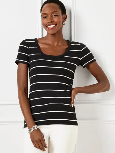 Talbots Plus Petite - Ribbed Scoop Neck T-shirt - Lagoon Stripe - Black/white - 1x  In Black,white