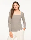 Talbots Plus Petite - Ribbed Square Neck T-shirt - Wimbledon Stripe - Ivory/dark Chocolate - 1x