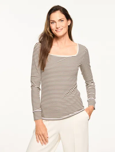 Talbots Plus Petite - Ribbed Square Neck T-shirt - Wimbledon Stripe - Ivory/dark Chocolate - 1x