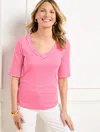 Talbots Plus Petite - Ribbed V-neck T-shirt - Alice Stripe - Camellia Rose/white - 2x  In Camellia Rose,white