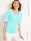 Talbots Plus Petite - Ribbed V-neck T-shirt - Alice Stripe - Vivid Turquoise/white - 3x  In Vivid Turquoise,white