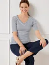 Talbots Plus Petite - Ribbed V-neck T-shirt - Alice Stripe - White/indigo - 3x  In White,indigo