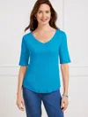 Talbots Plus Petite - Ribbed V-neck T-shirt - Deep Sea Blue - 1x