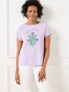 Talbots Plus Petite - Roll Sleeve Crewneck T-shirt - Botanical - Thistle - 1x  In Thistle