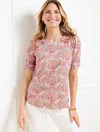 Talbots Plus Size - Ruched Cuff Crewneck T-shirt - Branching Florals - Ivory/pink Rosette - 3x  In Ivory,pink Rosette