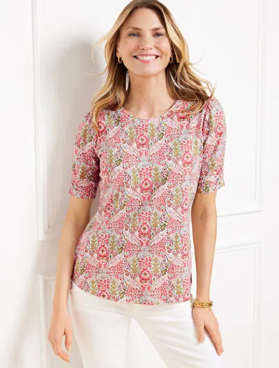 Talbots Plus Size - Ruched Cuff Crewneck T-shirt - Branching Florals - Ivory/pink Rosette - 3x  In Ivory,pink Rosette