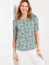 Talbots Plus Petite - Ruched Cuff Crewneck T-shirt - Branching Florals - Royal Blue - 3x