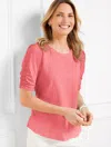 Talbots Plus Petite - Ruched Cuff Crewneck T-shirt - Pink Rosette - X  In Pink Rosette