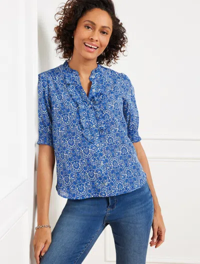 Talbots Plus Petite - Ruffle Button Front Top - Woodland Damask - Azure Blue/ivory - 2x