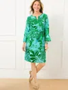 Talbots Petite - Ruffle Cuff Belted Linen Blend Dress - Watercolor Botanical - Bright Green/turquoise - Xl T In Bright Green,turquoise
