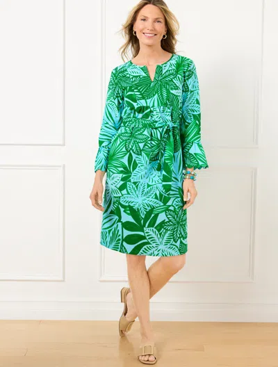 Talbots Petite - Ruffle Cuff Belted Linen Blend Dress - Watercolor Botanical - Bright Green/turquoise - Xl T In Bright Green,turquoise