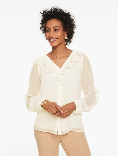 Talbots Plus Petite - Ruffle Neck Crinkle Top - Ivory - X  In White