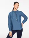 Talbots Plus Petite - Ruffle Neck Denim Popover Shirt - Celestial Blue Wash - 3x  In Blue