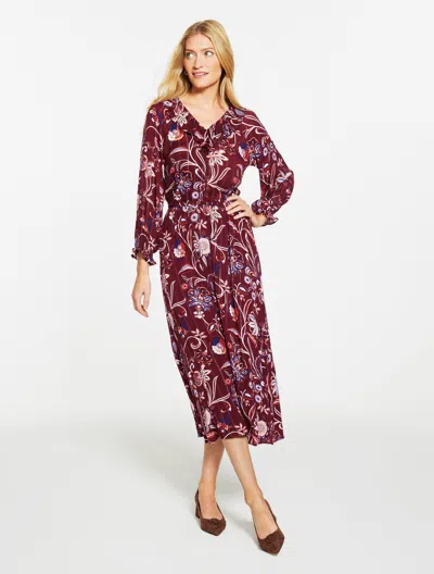 Talbots Plus Petite - Ruffle Neck Dress - Lively Floral - Rich Burgundy - X