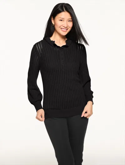 Talbots Plus Petite - Ruffle Neck Henley Pullover Sweater - Black - 2x