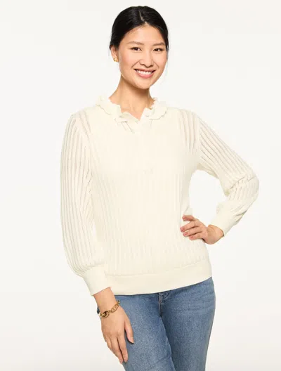 Talbots Plus Petite - Ruffle Neck Henley Pullover Sweater - Ivory - 2x  In White