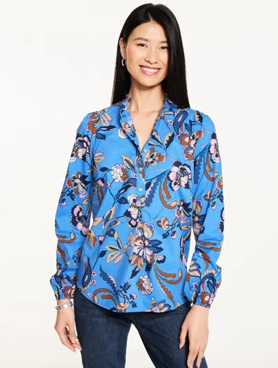 Talbots Plus Petite - Ruffle Popover Shirt - Jacobean Fantasia - Shore Blue - 3x - 100% Cotton