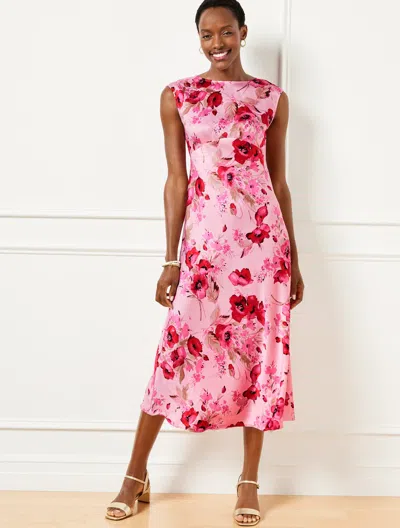 Talbots Plus Size - Satin Midi Dress - Watercolor Bouquets - Soft Pink/red - 18  In Soft Pink,red