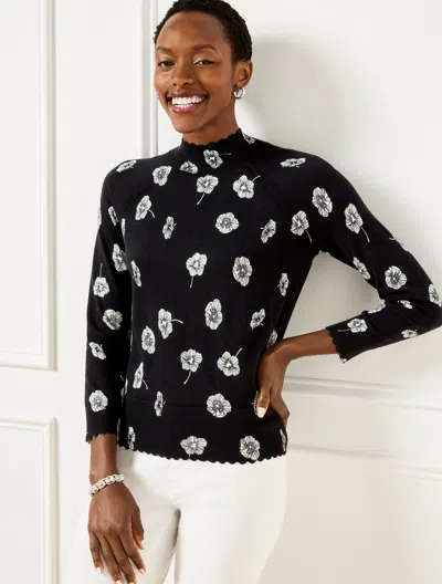 Talbots Plus Petite - Scallop Edge Raglan Sweater - Deco Flower - Black/ivory - 3x  In Black,ivory