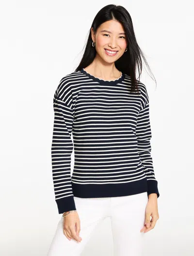 Talbots Plus Petite - Scalloped Trim French Terry Sweatshirt - Mayfair Stripe - Indigo/ivory - 1x  In Blue