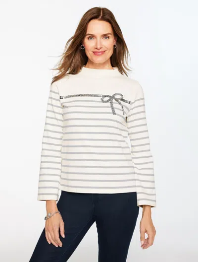 Talbots Plus Petite - Sequin Ribbon Stripe Mockneck T-shirt - Ivory/grey Sky Heather - 2x
