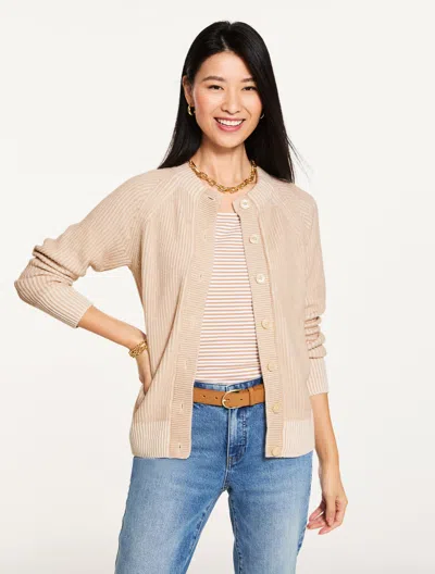 Talbots Plus Petite - Shaker Stitch Crewneck Cardigan Sweater - Sesame Heather/ivory - X - 100% Cotton Talbo In Neutral