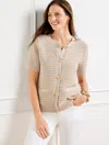 Talbots Plus Petite - Short Sleeve Cardigan Sweater - Marl - Sandstone/white - 1x - 100% Cotton