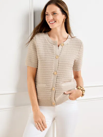 Talbots Plus Petite - Short Sleeve Cardigan Sweater - Marl - Sandstone/white - 1x - 100% Cotton