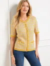 Talbots Plus Petite - Short Sleeve Cardigan Sweater - Texture Plaid - Golden Honey/white