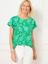 Talbots Plus Petite - Smocked Shoulder Crewneck T-shirt - Jacobean Fantasia - Bright Green - 1x